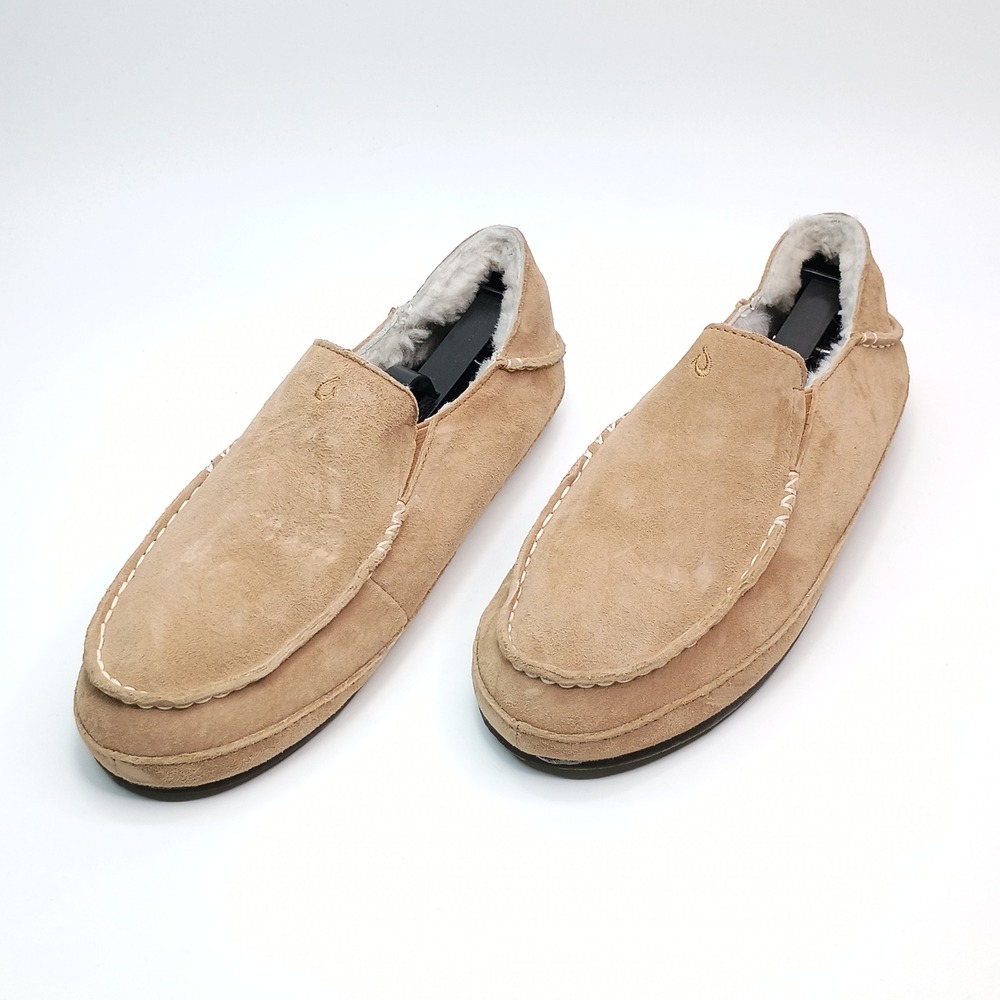 OluKai Nohea Slipper Women Size 8 Tan Suede Shearling Lined Moccasins